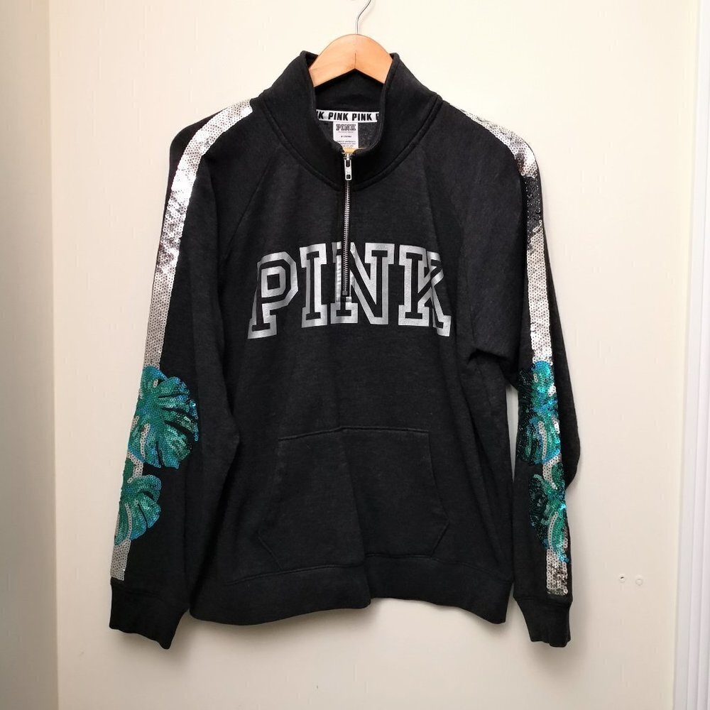 NWOT PINK Quarter Zip Sweatshirt Tropical Sequin Detail Charcoal Gray Size M